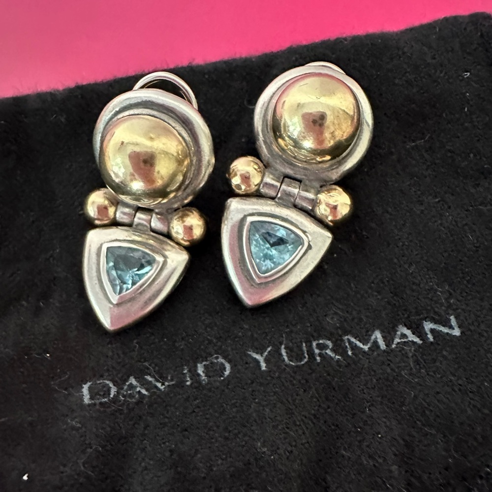 David Yurman Dangle Triangle Earrings Blue Topaz Sterling Silver & 14k Gold